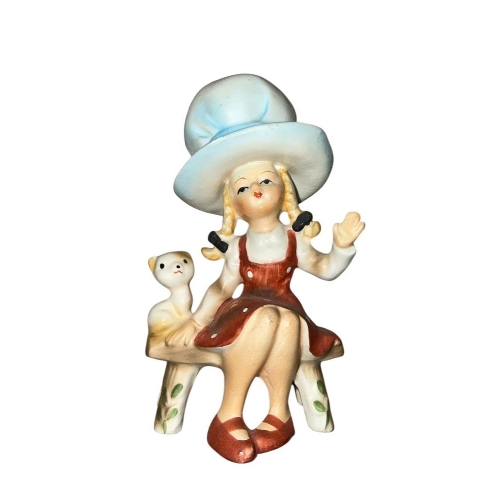 Vintage Homco Girl on Bench with Puppy Dog Figurine 6.5in home interiors ceramic